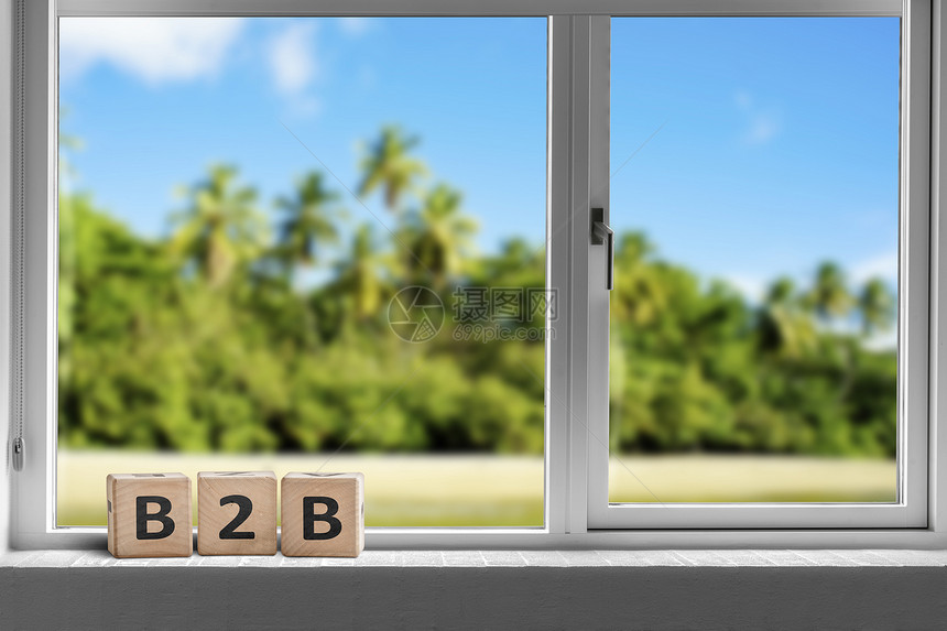 个热带岛屿上的窗户上b2b标志,蓝天下棕榈树图片
