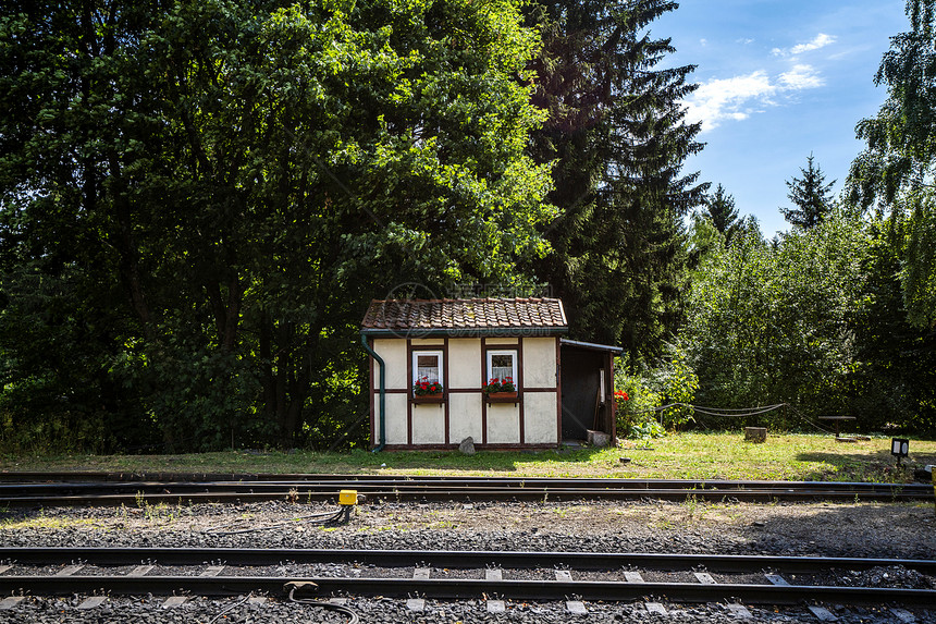 夏天靠近铁路的座小房子,窗户下开着红花图片