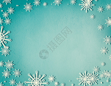 雪花框架蓝色绿松石背景与,顶部视图诞节寒假的背景图片