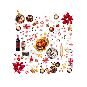 各种诞食品诞晚餐的红色装饰,物品构图模式,顶部视图图片