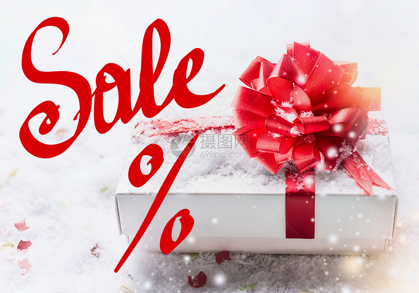 红色销售刻字与白色礼品盒,红结雪与波克降雪情人节优惠券,销售购物图片