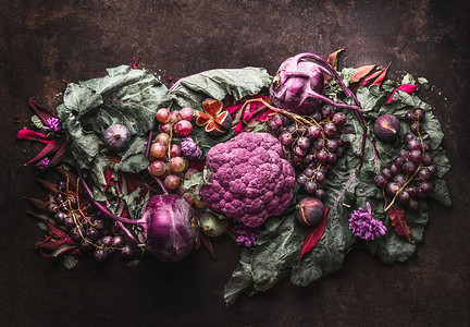 紫色水果蔬菜花青素膳食抗氧化剂的健康益处的风景平躺图片