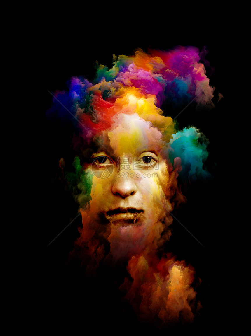 五颜六色的肖像内部颜色系列与艺术心理关的黑色背景上人脸抽象颜色的相互作用图片