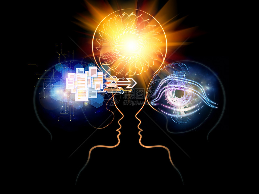 两个头部辐射灯泡抽象元素,以说明协作思想产生的图片