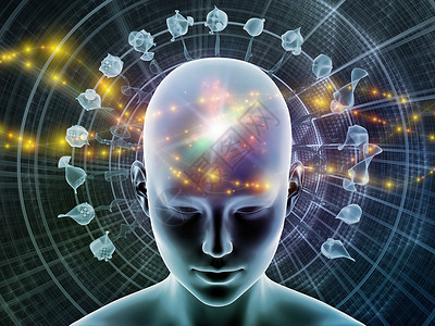 自兴人工智能三维插图心灵光环系列大胆的人头思维大脑活动人工智能精神资源内心世界等上辐射抽象元素的背景下背景