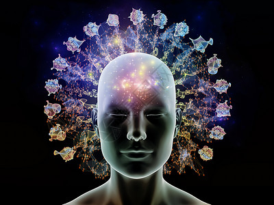 思想系列的能量人类的头部发射抽象的分形结构来说明人类思维的运作背景图片