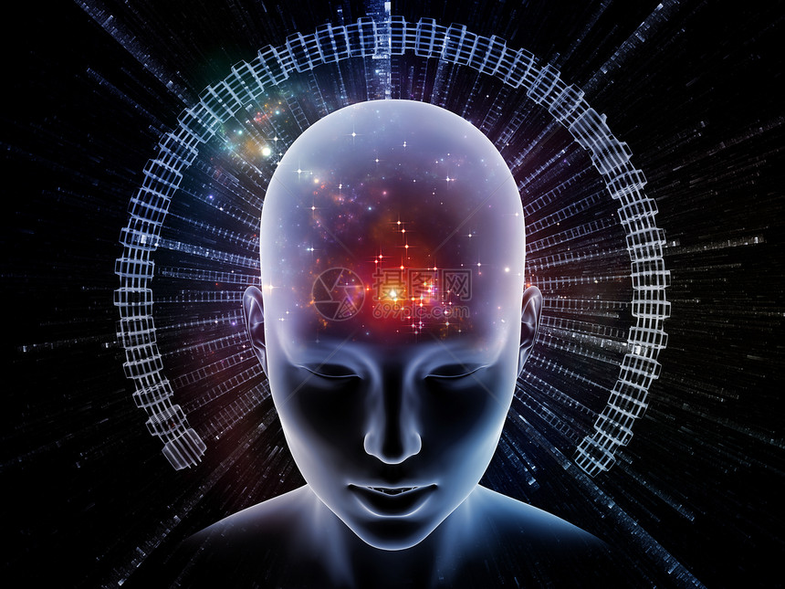 思想系列的能量人头被抽象的分形结构包围,以说明人类思维的运作图片