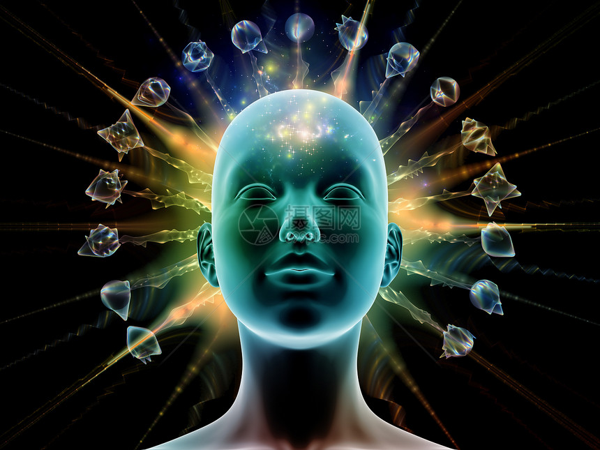 思想系列的能量人类的头部发射抽象的分形结构来说明人类思维的运作图片