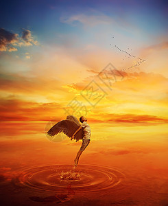 翅膀恶魔蛋像天样的超现实主义形象试图湖水中跳来飞走伟大的精神逃离天堂日落背景背景