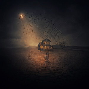 个小男孩,小径上,沿着破碎的沙漠地,走向夜空月光下的座木屋,着超现实的背景图片
