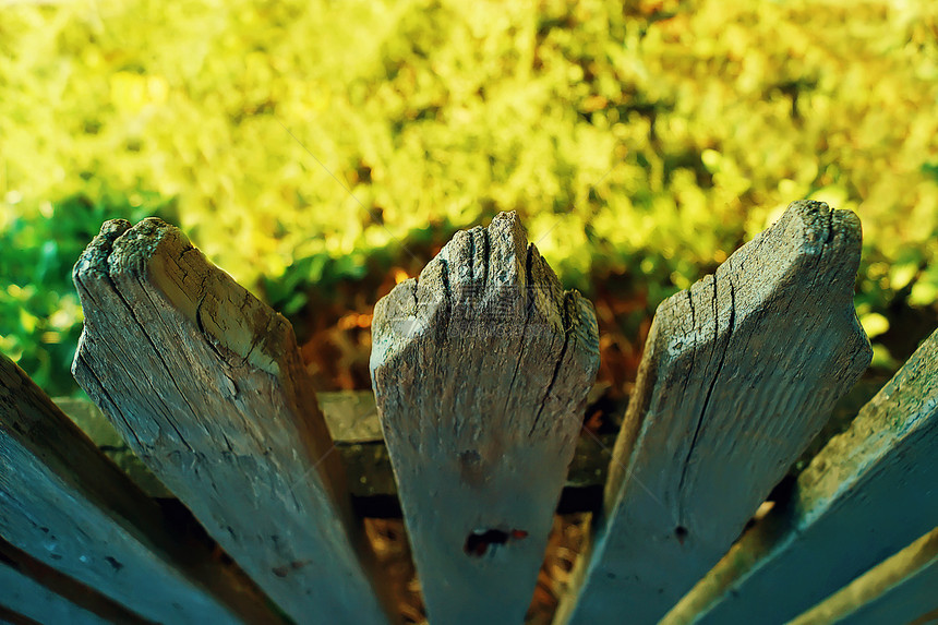 个阳光明媚的日子里,旧木栅栏的特写镜头出现模糊的绿色草地背景上图片