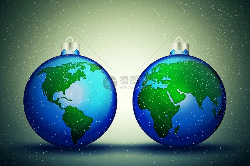 两个带世界图案的诞球世界各地平的寒假三维插图图片