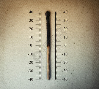 燃烧的火柴,指示刻度上的温度温度计全球变暖气温上升的背景