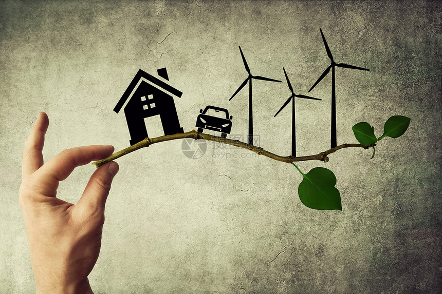 人的手着树枝环境绿色能源房屋汽车风力涡轮机的轮廓图片