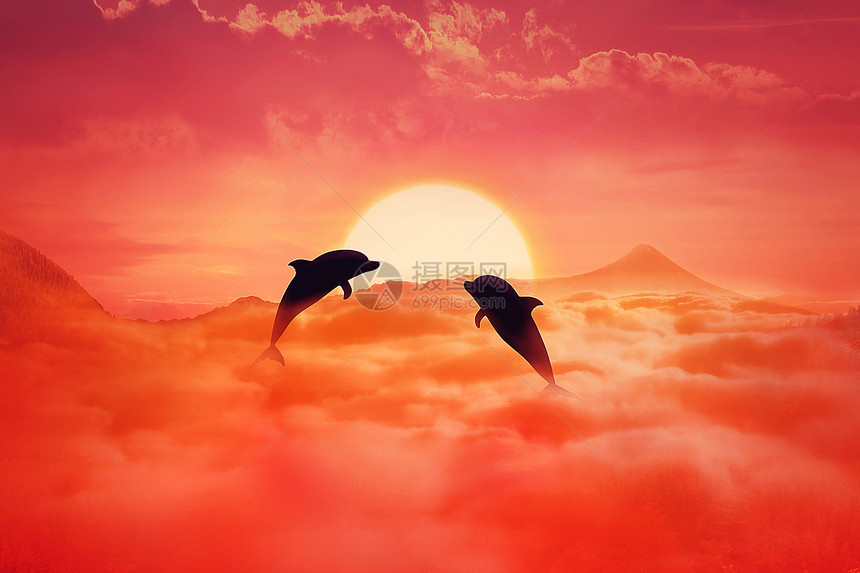 两只嬉戏的海豚日落背景下云层上跳跃的轮廓超现实的野生生活景观场景屏幕保护程序图片