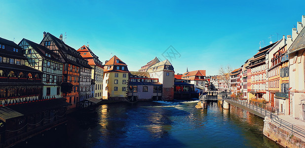 日耳曼传统的半木房风景如画的运河拉小的法国,中世纪童话小镇斯特拉斯堡,联合国教科文世界遗产遗址,阿尔萨斯,法国背景