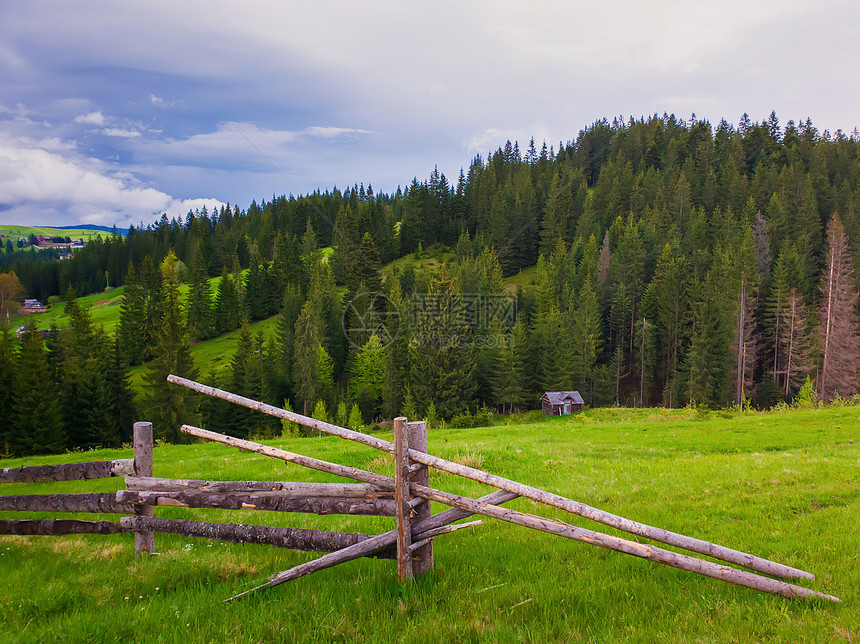 风景如画的春山景象与木制的分裂铁路围栏跨越个绿色郁郁葱葱的牧场,山谷上所老房子,周围针叶林乌克兰亚布隆尼亚村图片