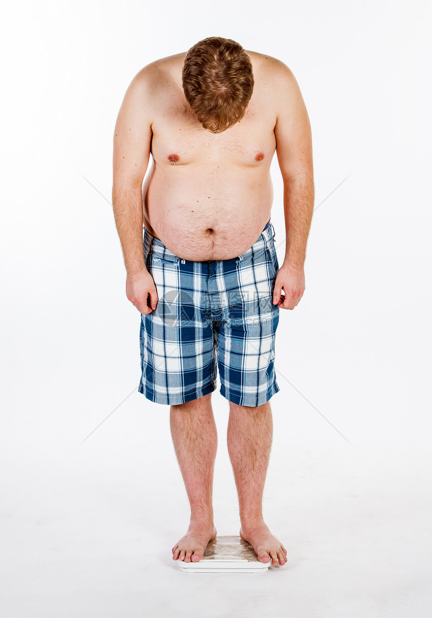 超重的胖子秤上称自己图片