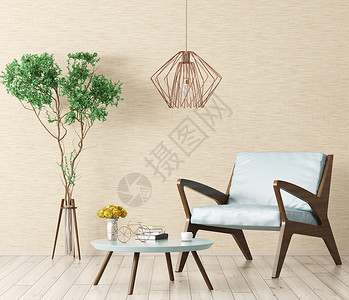 带扶手椅茶几植物三维渲染的客厅现代室内背景图片