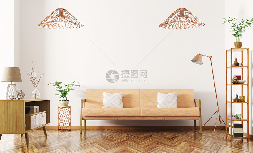 现代室内的客厅与橙色沙发,侧板,灯架子三维渲染图片