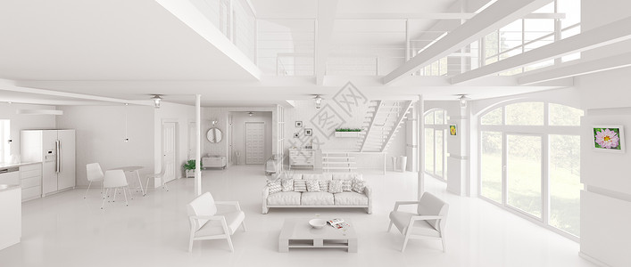 白色阁楼公寓室内,客厅,大厅,厨房,楼梯,全景三维渲染背景图片