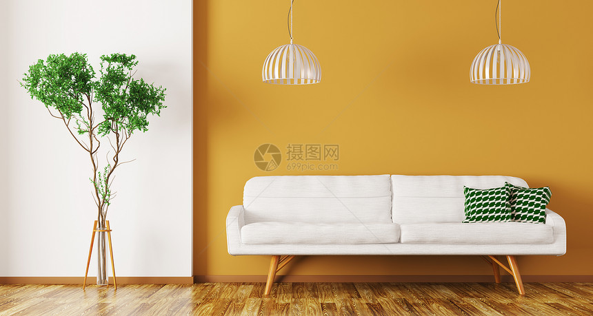 现代室内的客厅白色沙发,植物灯具橙色墙壁上三维渲染图片