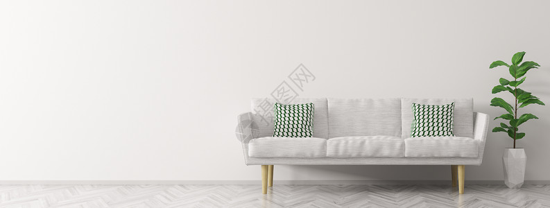 现代室内客厅白色沙发植物全景三维渲染图片