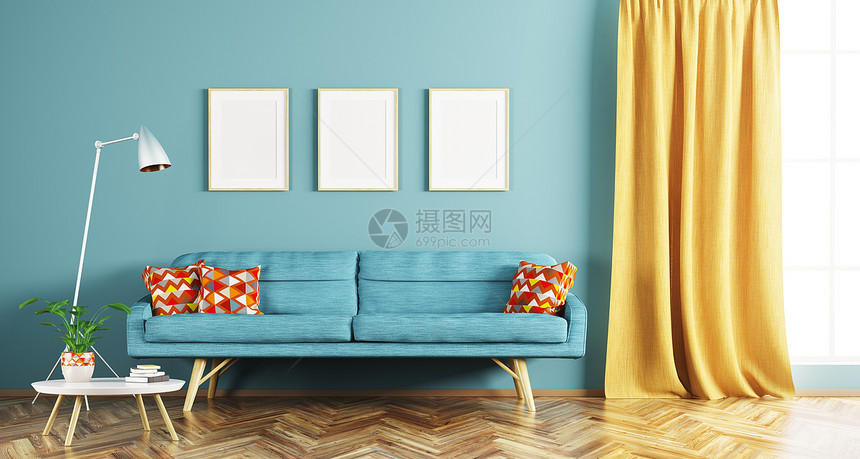 现代室内的客厅与蓝色沙发,咖啡桌,框架三维渲染图片