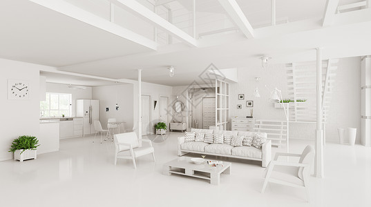 白色现代住宅内部,客厅,大厅,厨房,楼梯三维渲染图片