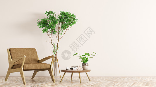 带扶手椅木制茶几扶手椅植物三维渲染的客厅现代室内图片