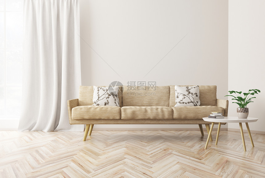 现代室内的客厅米色沙发,茶几,斯堪的纳维亚风格,3D渲染图片
