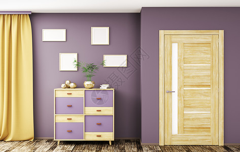 现代室内客厅与门木制橱柜三维渲染图片