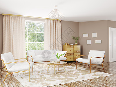 家庭现代客厅与沙发扶手椅三维渲染图片