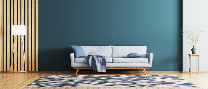 现代客厅内部蓝色沙发三维渲染图片