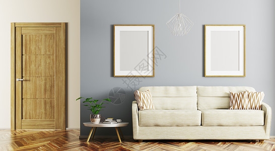 现代室内的客厅米色沙发门3D渲染图片