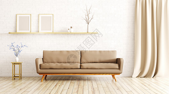 客厅现代室内与棕色沙发,货架砖墙三维渲染高清图片