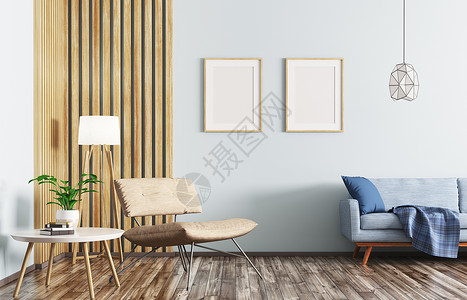 现代客厅内部,沙发扶手椅三维渲染图片
