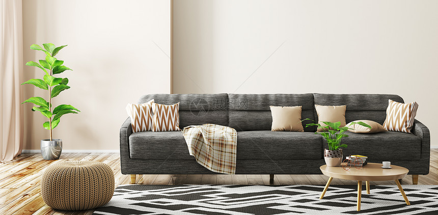 现代室内客厅与黑色沙发,针厚皮咖啡桌3D渲染图片