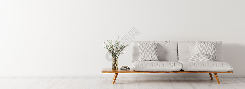 客厅内部白色沙发,斯堪的纳维亚风格,全景三维渲染图片