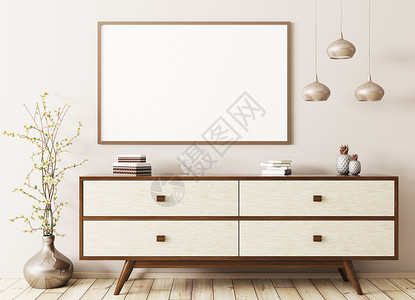 米色海报现代室内客厅与木制梳妆台模拟海报3D渲染背景