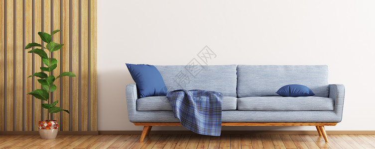 现代室内客厅与蓝色沙发植物白色墙壁与木制板全景三维渲染图片