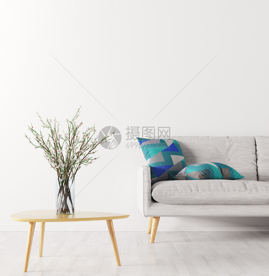 房间内部背景,璃花瓶与花枝木制茶几沙发上白色墙壁3D渲染图片