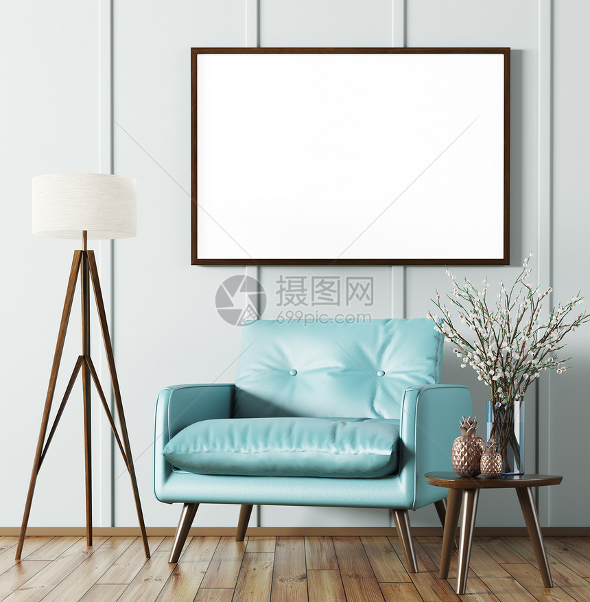客厅内部木制茶几落地灯蓝色扶手椅模拟海报3D渲染图片