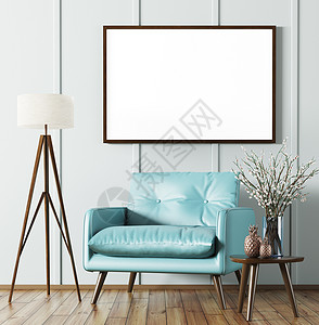 客厅内部木制茶几落地灯蓝色扶手椅模拟海报3D渲染图片