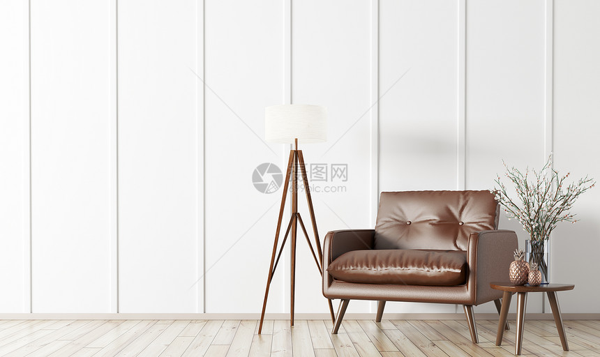 客厅内部木制茶几落地灯棕色扶手椅3D渲染图片