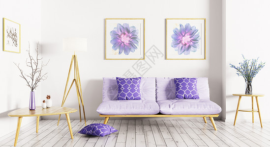 现代室内舒适的客厅与沙发,茶几落地灯3D渲染图片