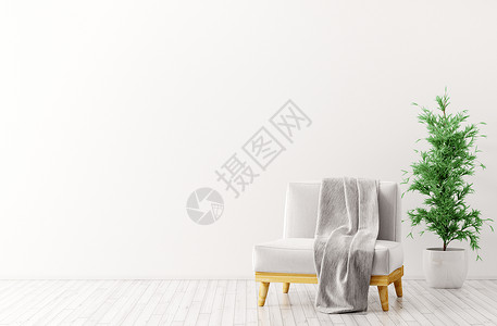 客厅内部与扶手椅三维渲染现代室内的客厅与白色扶手椅,灰色格子它植物3D渲染背景图片