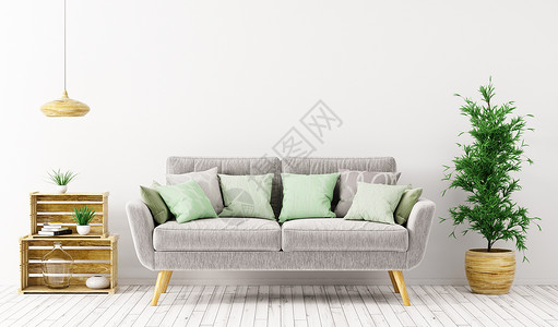 客厅内部沙发3D渲染现代室内与灰色沙发白色墙壁上的三维渲染图片