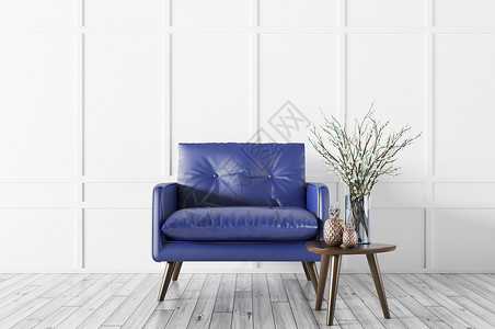 客厅内部木制茶几蓝色皮革扶手椅,白色镶板墙3D渲染图片
