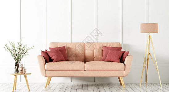 客厅现代室内,粉红色沙发,落地灯花瓶,花枝三维渲染图片